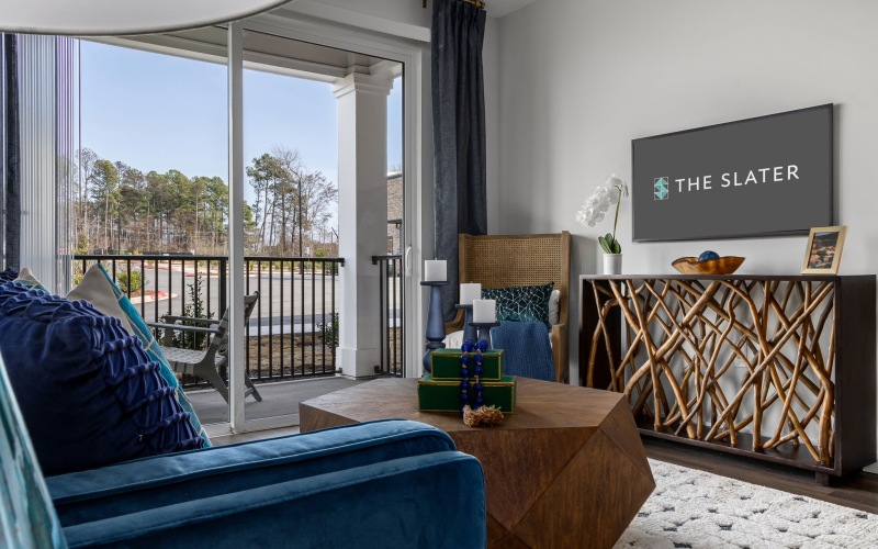 a living room with large patio doors